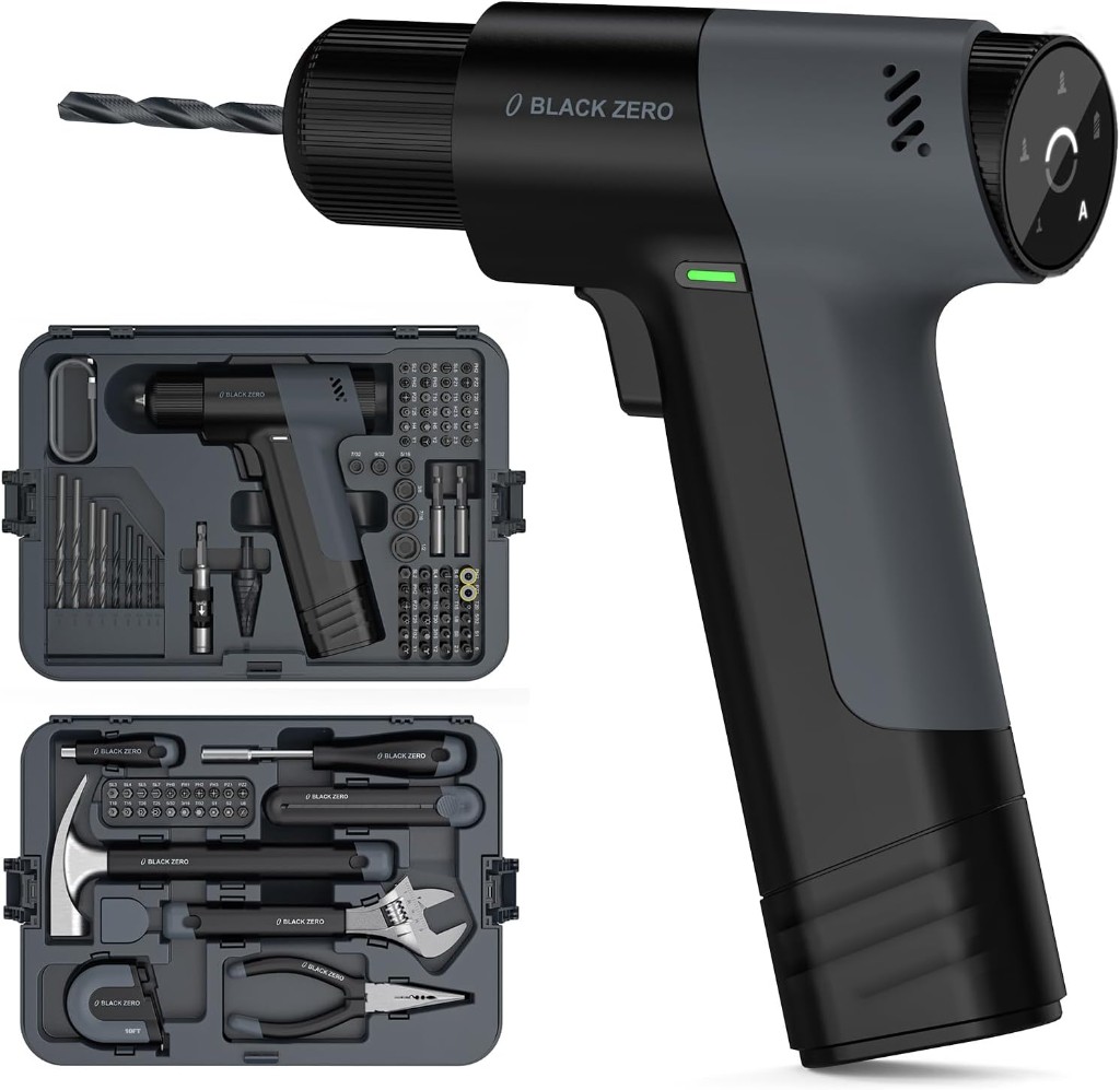 Blackzero BZD-01T-PH-A1 cordless drill with both case tiers open, showing bits and hand tools